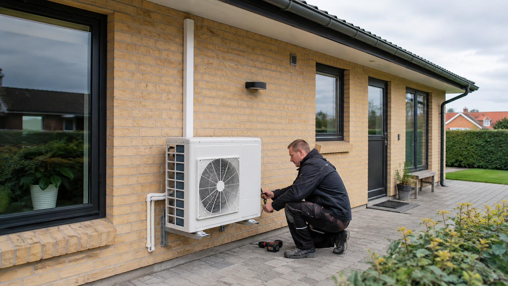 Installatør monterer en luft-til-vand varmepumpe ved en dansk bolig