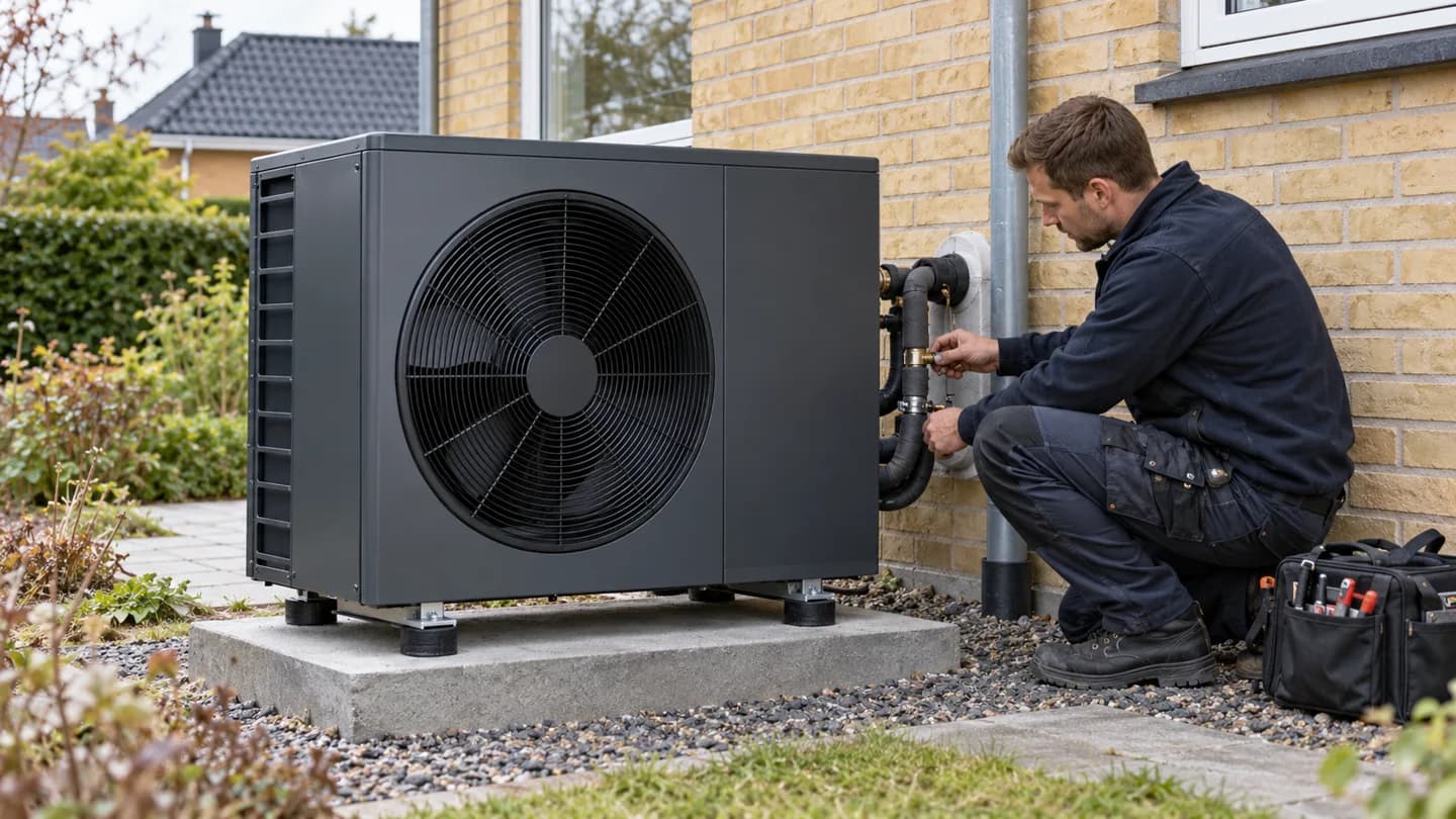 Installatør arbejder ved en luft-til-vand varmepumpe.